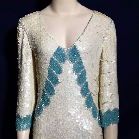 Vintage Art Deco Sequin Beaded Gown Cream Green M Ballroom Pageant Competition - Picture 4 of 15